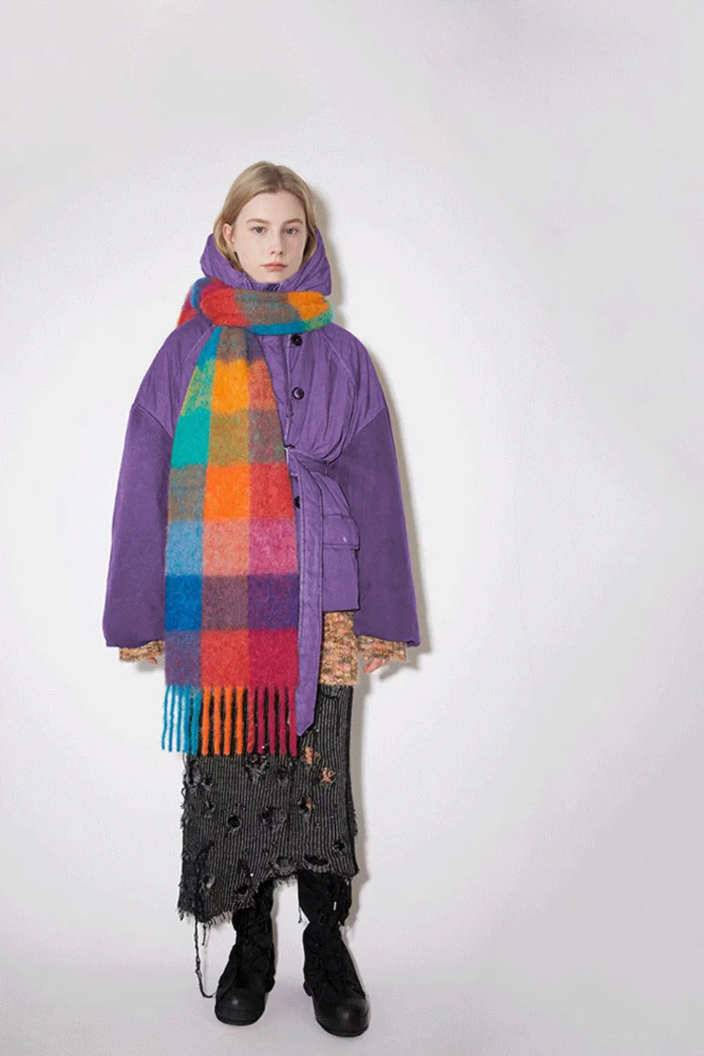Oversized Plaid Knit Scarf with Tassels – Soft Winter Blanket Scarf for Women
