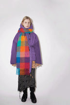 Oversized Plaid Knit Scarf with Tassels – Soft Winter Blanket Scarf for Women