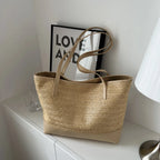 Women’s Straw Tote Bag – Summer Handbag with Leather Strap