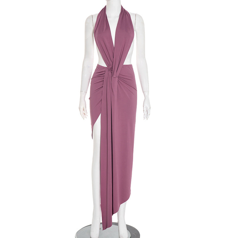 Slim fit hanging neck backless sleeveless pleated elegant long dress