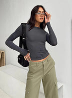 Women’s Long Sleeve Crop Top – Solid Color Round Neck Streetwear Tee