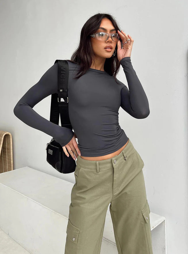 Women’s Long Sleeve Crop Top – Solid Color Round Neck Streetwear Tee