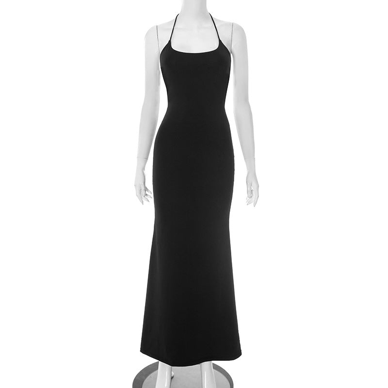 Solid color neck tie strapless backless A-line long skirt dress for women