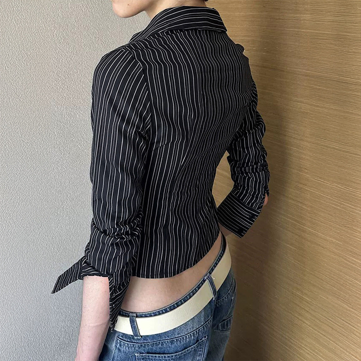 Casual Slim Fit Workwear Black and White Striped Color Block Long Sleeve Blouse for Women