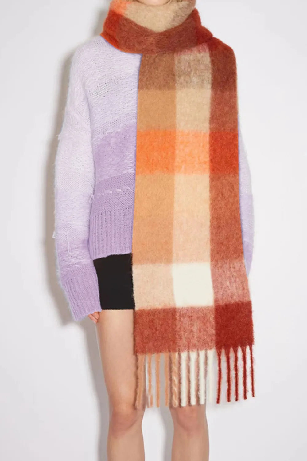 Oversized Plaid Knit Scarf with Tassels – Soft Winter Blanket Scarf for Women