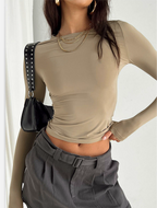 Women’s Long Sleeve Crop Top – Solid Color Round Neck Streetwear Tee