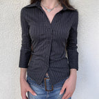 Casual Slim Fit Workwear Black and White Striped Color Block Long Sleeve Blouse for Women