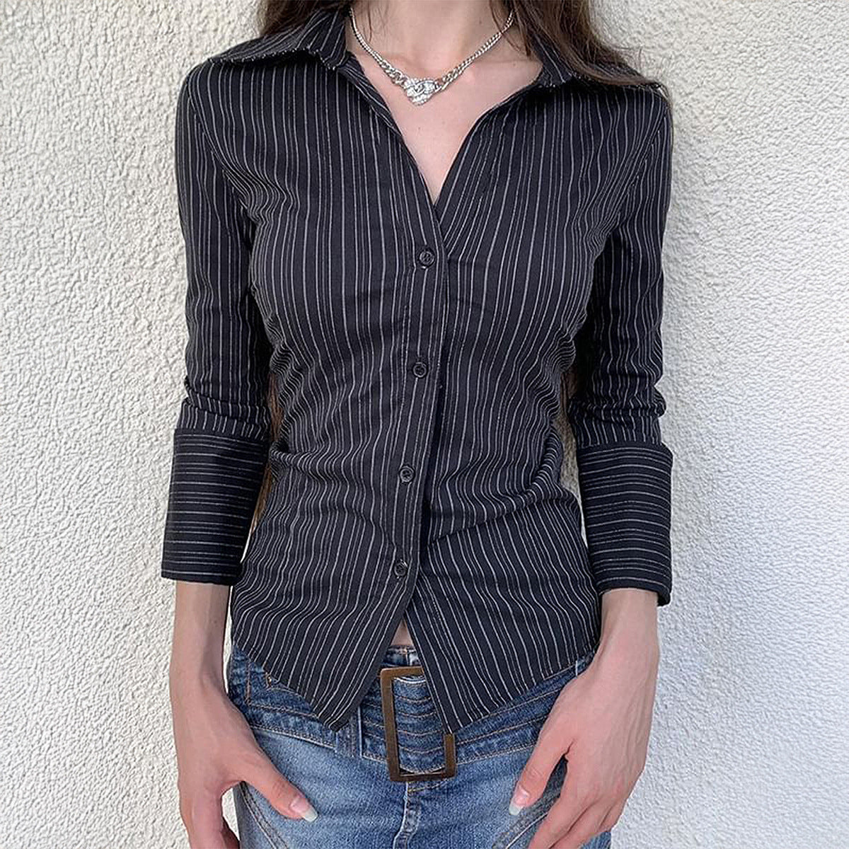 Casual Slim Fit Workwear Black and White Striped Color Block Long Sleeve Blouse for Women