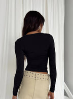 Women’s Long Sleeve Crop Top – Solid Color Round Neck Streetwear Tee