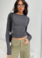 Women’s Long Sleeve Crop Top – Solid Color Round Neck Streetwear Tee