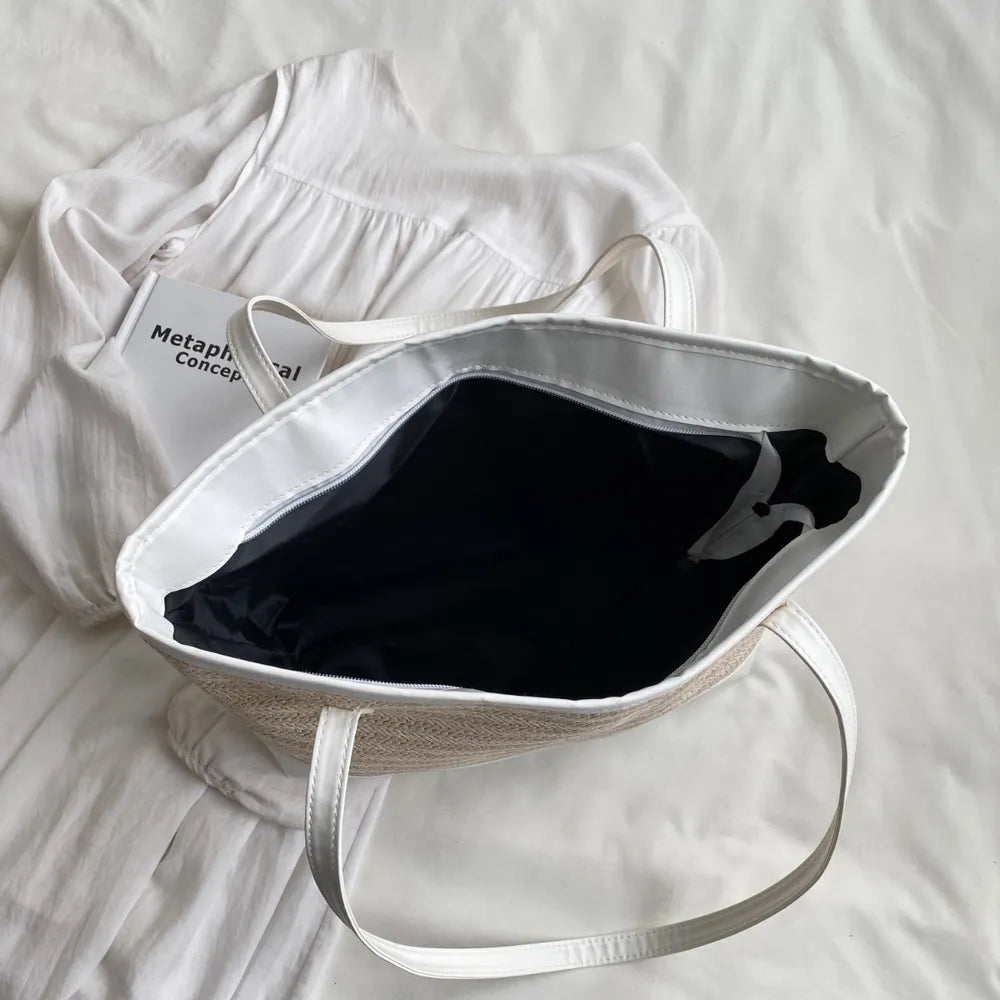 Women’s Straw Tote Bag – Summer Handbag with Leather Strap