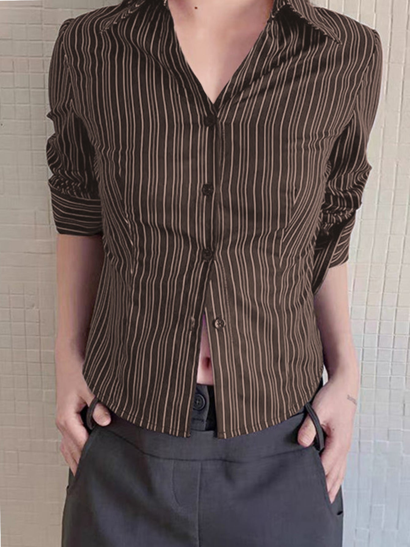 Casual Slim Fit Workwear Black and White Striped Color Block Long Sleeve Blouse for Women