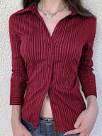 Casual Slim Fit Workwear Black and White Striped Color Block Long Sleeve Blouse for Women