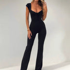 Women’s short sleeve lace jumpsuit elegant evening outfit.