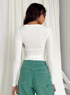 Women’s Long Sleeve Crop Top – Solid Color Round Neck Streetwear Tee