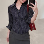 Casual Slim Fit Workwear Black and White Striped Color Block Long Sleeve Blouse for Women