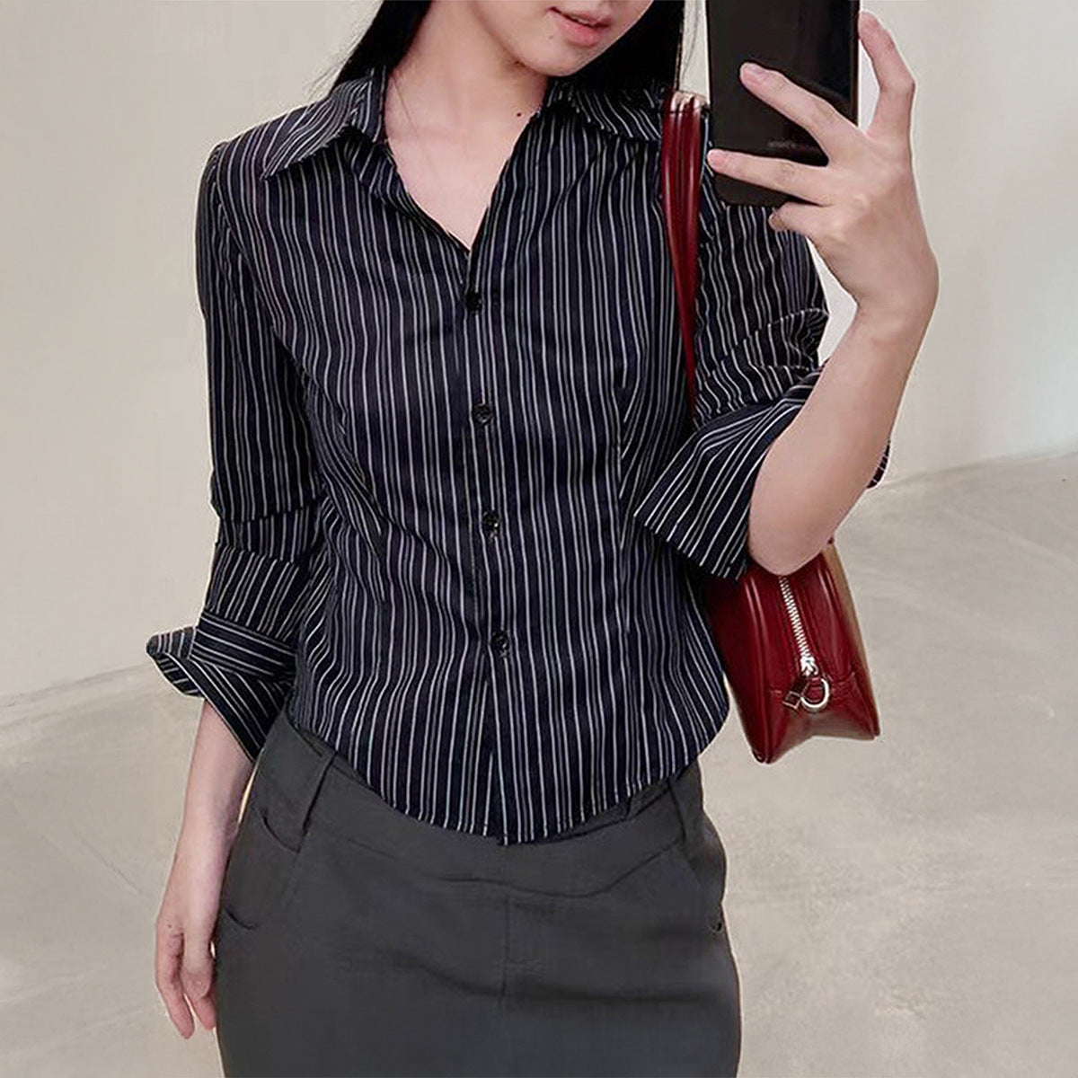 Casual Slim Fit Workwear Black and White Striped Color Block Long Sleeve Blouse for Women