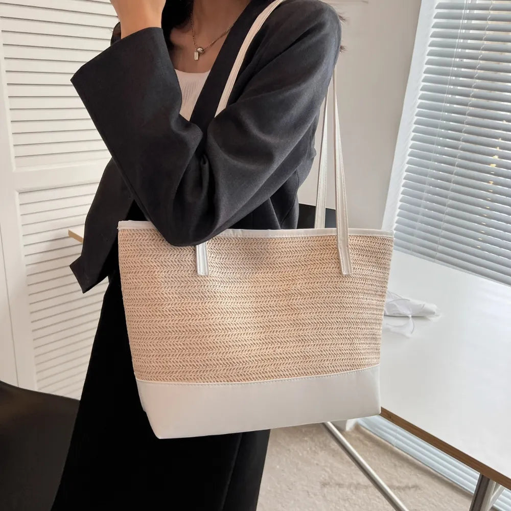 Women’s Straw Tote Bag – Summer Handbag with Leather Strap