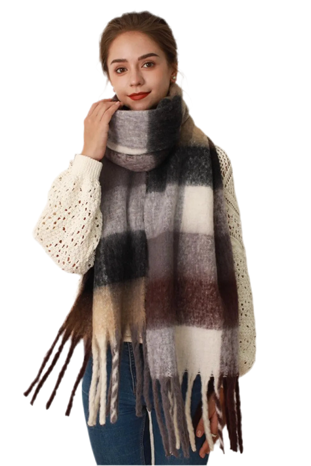 Oversized Plaid Knit Scarf with Tassels – Soft Winter Blanket Scarf for Women