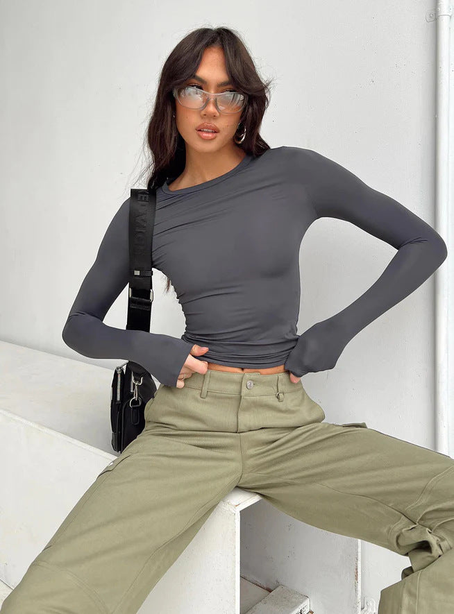 Women’s Long Sleeve Crop Top – Solid Color Round Neck Streetwear Tee