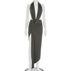 Slim fit hanging neck backless sleeveless pleated elegant long dress