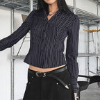 Casual Slim Fit Workwear Black and White Striped Color Block Long Sleeve Blouse for Women