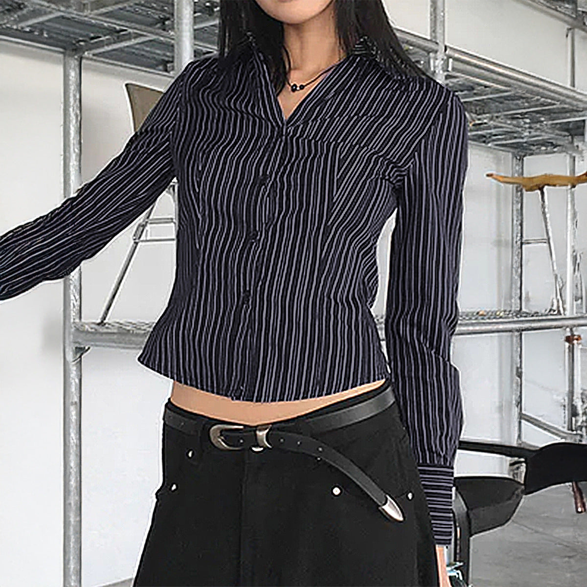 Casual Slim Fit Workwear Black and White Striped Color Block Long Sleeve Blouse for Women